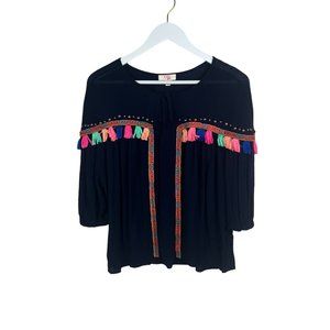 GB GIRLS XL Black Studded Multicolor Tassel Blouse Top Flowy Elastic Sleeves